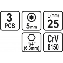 65503 STHOR Set 3 biti profil hexagonal 5x25 mm, hexagonala 1/4"