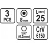 65505 STHOR Set 3 biti profil hexagonal 8x25 mm, hexagonala 1/4"