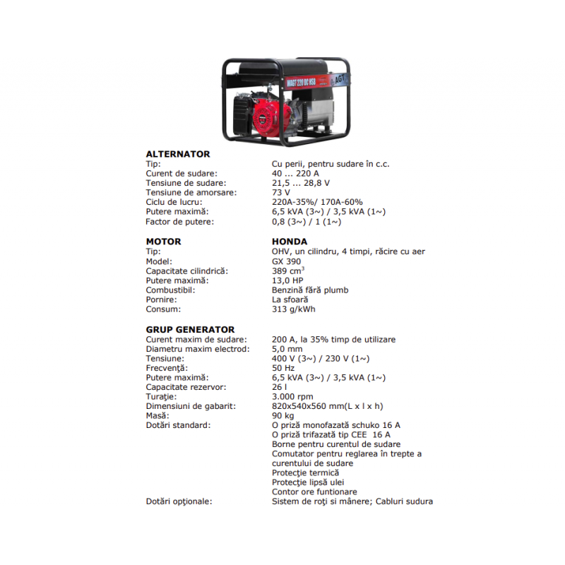 PFWAGT220DCHN26 Generator curent 3.5kVa/6.5kVa motor HONDA GX390