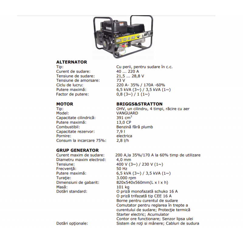 PFWAGT220DCB26E Generator 26 L de curent 6.5 kVA pentru sudura motor
