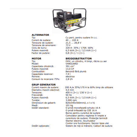 PFWAGT220DCB26E Generator 26 L de curent 6.5 kVA pentru sudura motor
