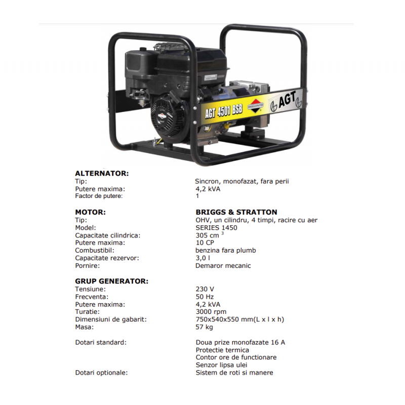 PFAGT4501BNC Generator de curent AGT 4501 BSB SE cu motor Vanguard OHV