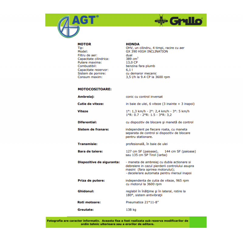 PFASGF11A3927SP GRILLO Motocositoare cu motor HONDA GX390 13CP 127SP