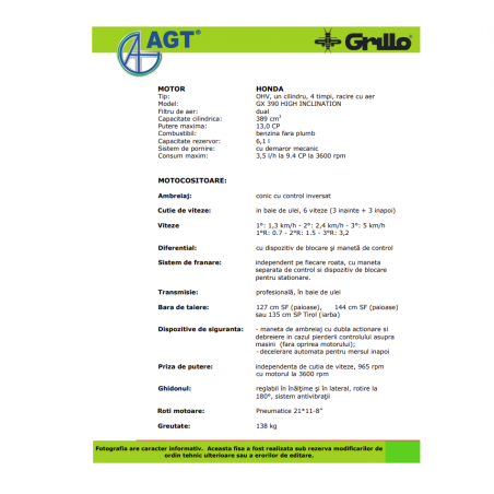 PFASGF11A3927SP GRILLO Motocositoare cu motor HONDA GX390 13CP 127SP