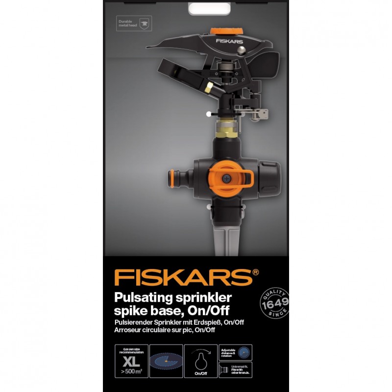 1027029 FISKARS Aspersor pulsator cu tarus, buton on/off, 500 mp