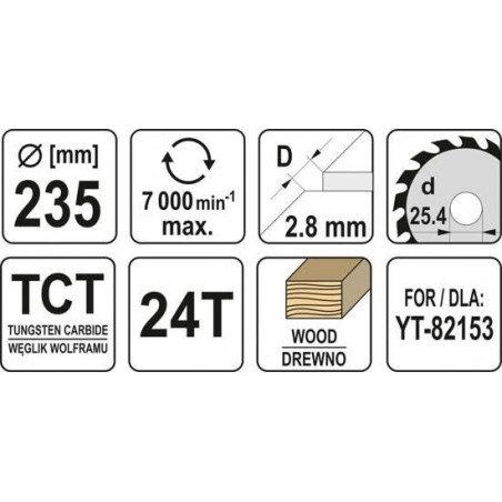 YT-60685 YATO Disc circular pentru lemn 235X24TX25.4mm