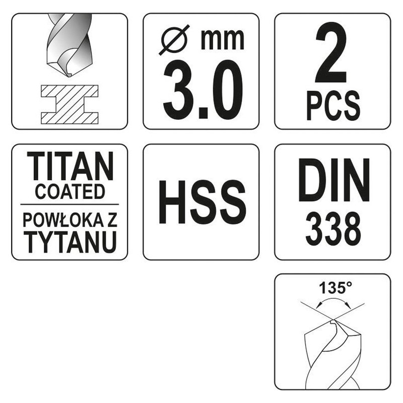 YT-44635 YATO Set 2 burghie pentru metal HSS-TiN, diametru 3.0 mm