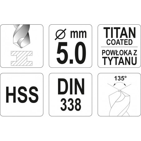 YT-44650 YATO Burghiu pentru metal HSS-TiN, diametru 5.0 mm