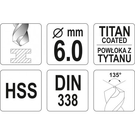 YT-44654 YATO Burghiu pentru metal HSS-TiN, diametru 6.0 mm