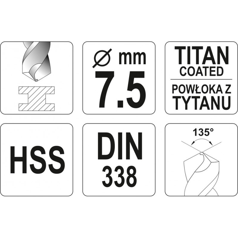 YT-44657 YATO Burghiu pentru metal HSS-TiN, diametru 7.5 mm