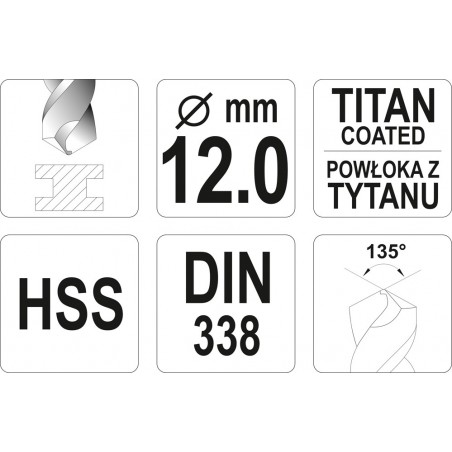 YT-44666 YATO Burghiu pentru metal HSS-TiN, diametru 12.0 mm