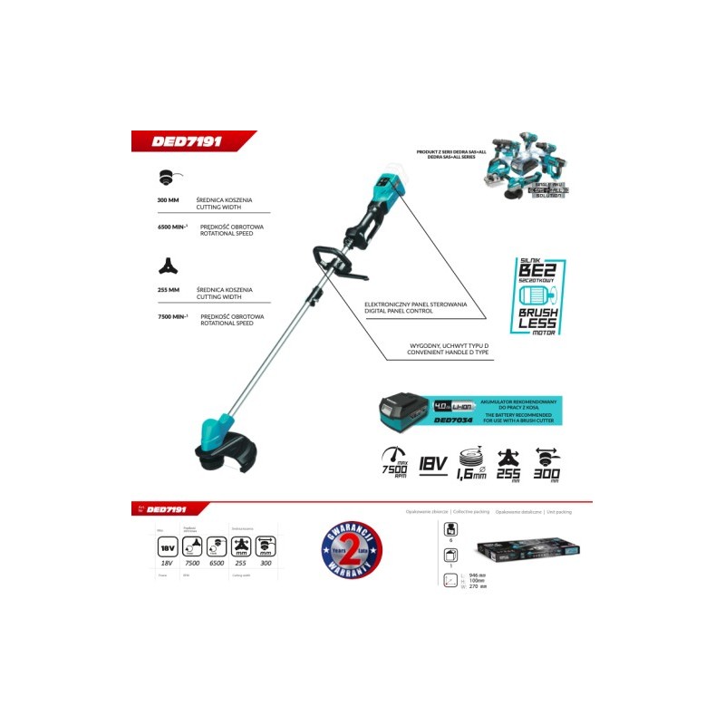 DED7191 DEDRA Motocoasa motor fara perii cu acumulator 18V 4Ah