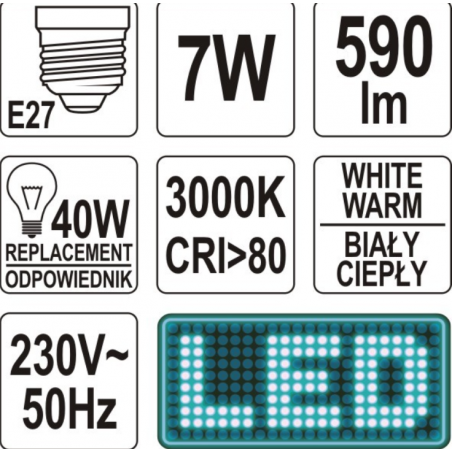 YT-81851 YATO Bec LED putere 7W intensitate 590 lm standard E27