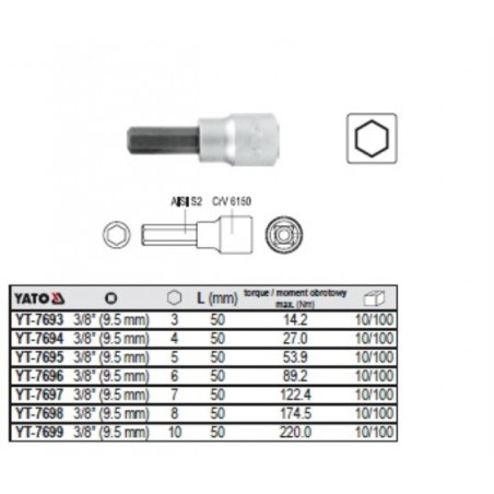 YT-7693 YATO Bit hexagonal 3 mm cu adaptor prindere hexagonala 3/8
