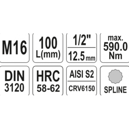 YT-0456 YATO Bit spline M16 cu adaptor patrat 1/2 lungime 100 mm