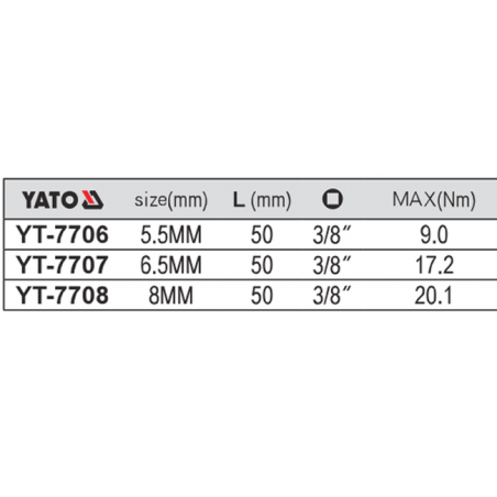 YT-7707 YATO Bit drept 6.5 mm cu adaptor patrat 3/8 lungime 50 mm